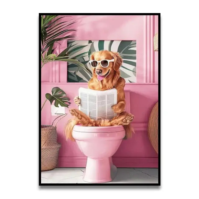 Decorbites™ whimsical cat bathroom wall art print featuring a pink toilet with a golden retriever holding a newspaper