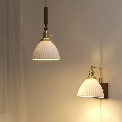 Vintage cream ribbed white ceramic led pendant light and wall sconce lamp with brass accents for kitchen wood accent