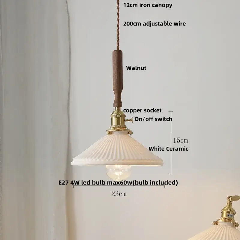 Vintage cream ribbed white ceramic led pendant light with fluted shade, copper wire, and walnut wood accent for kitchen