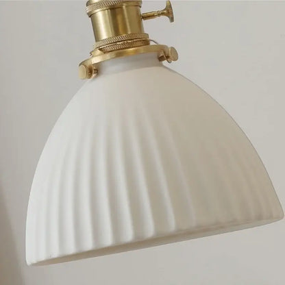 Vintage cream ribbed white ceramic led pendant light with white ribbed glass lampshade and brass metal fixture