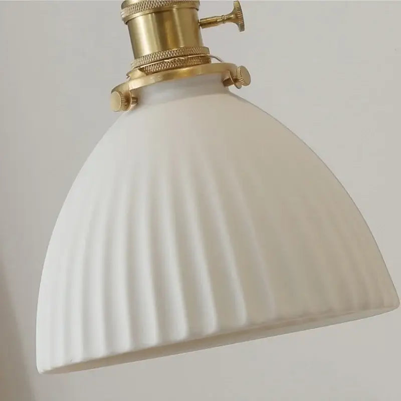 Vintage cream ribbed white ceramic led pendant light with white ribbed glass lampshade and brass metal fixture