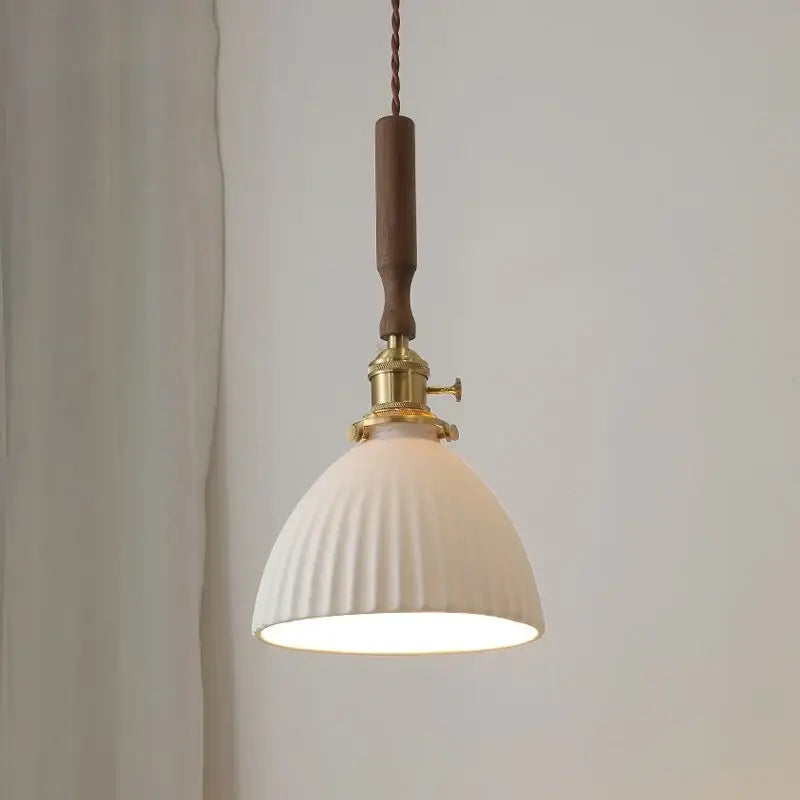 Vintage cream ribbed white ceramic led pendant light with vertical ridges brass fixture and wooden handle for kitchen use
