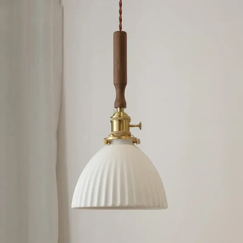 Vintage cream ribbed white ceramic led pendant light with brass fixture and wooden handle for kitchen accents