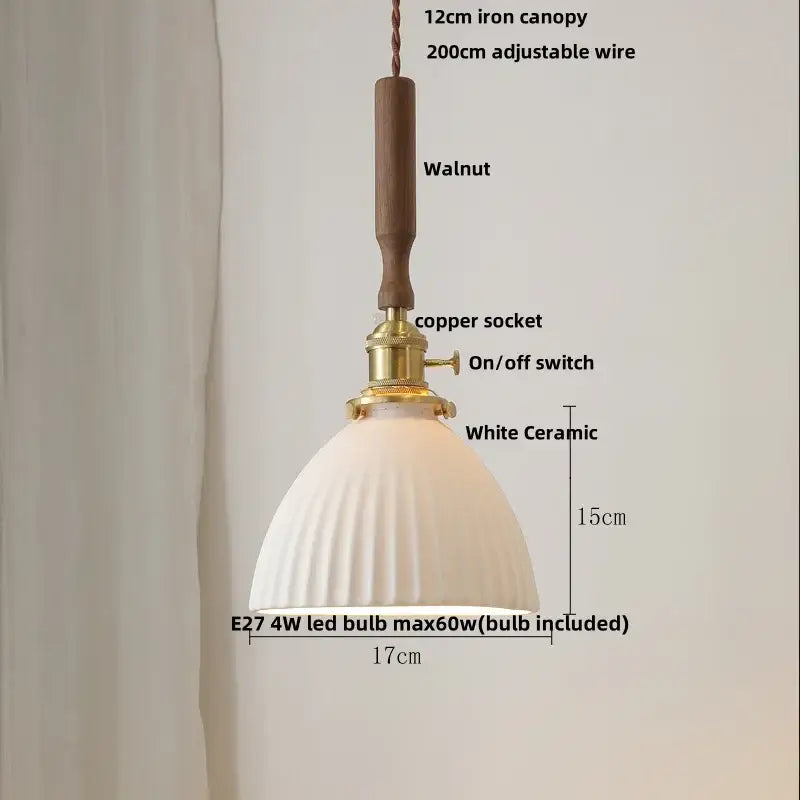 Vintage cream ribbed white ceramic led pendant light with fluted design, walnut wood canopy, and brass hardware