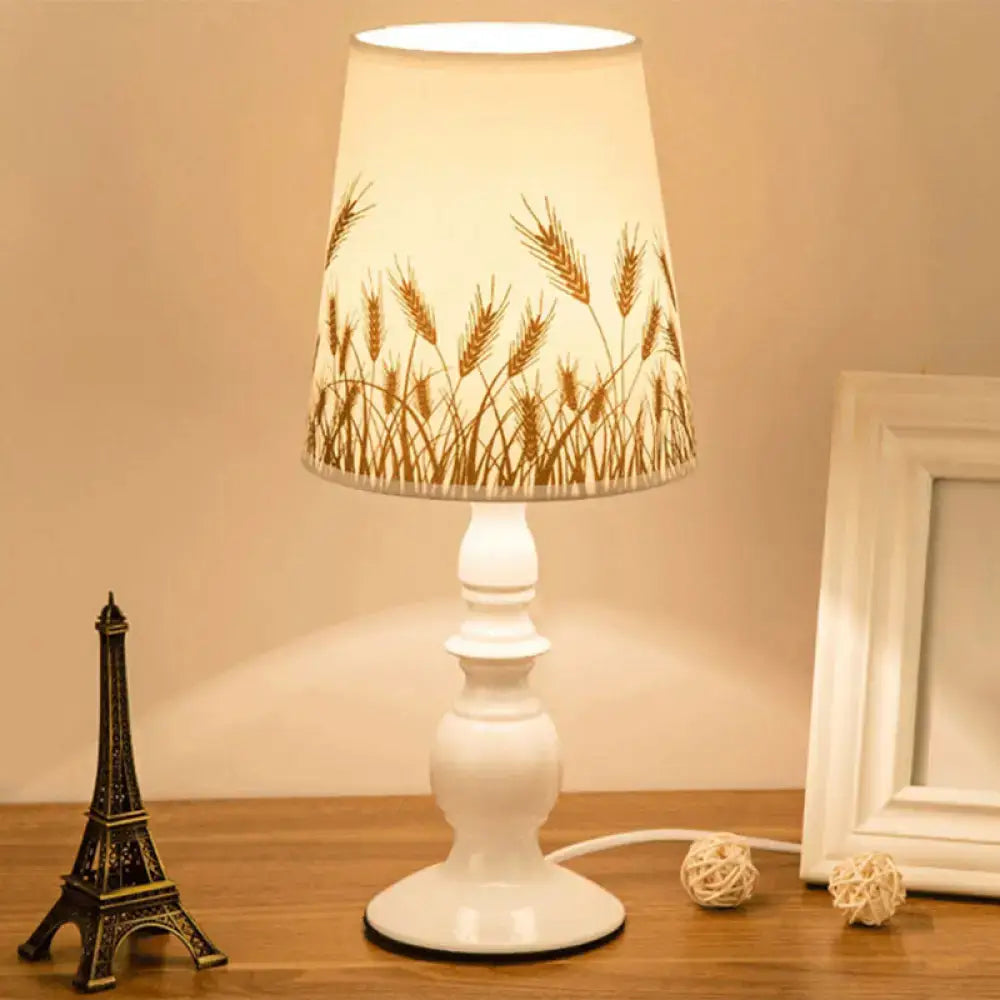 DecorBites white ceramic table lamp with classic patterned fabric bucket shade and baluster base for head table lighting