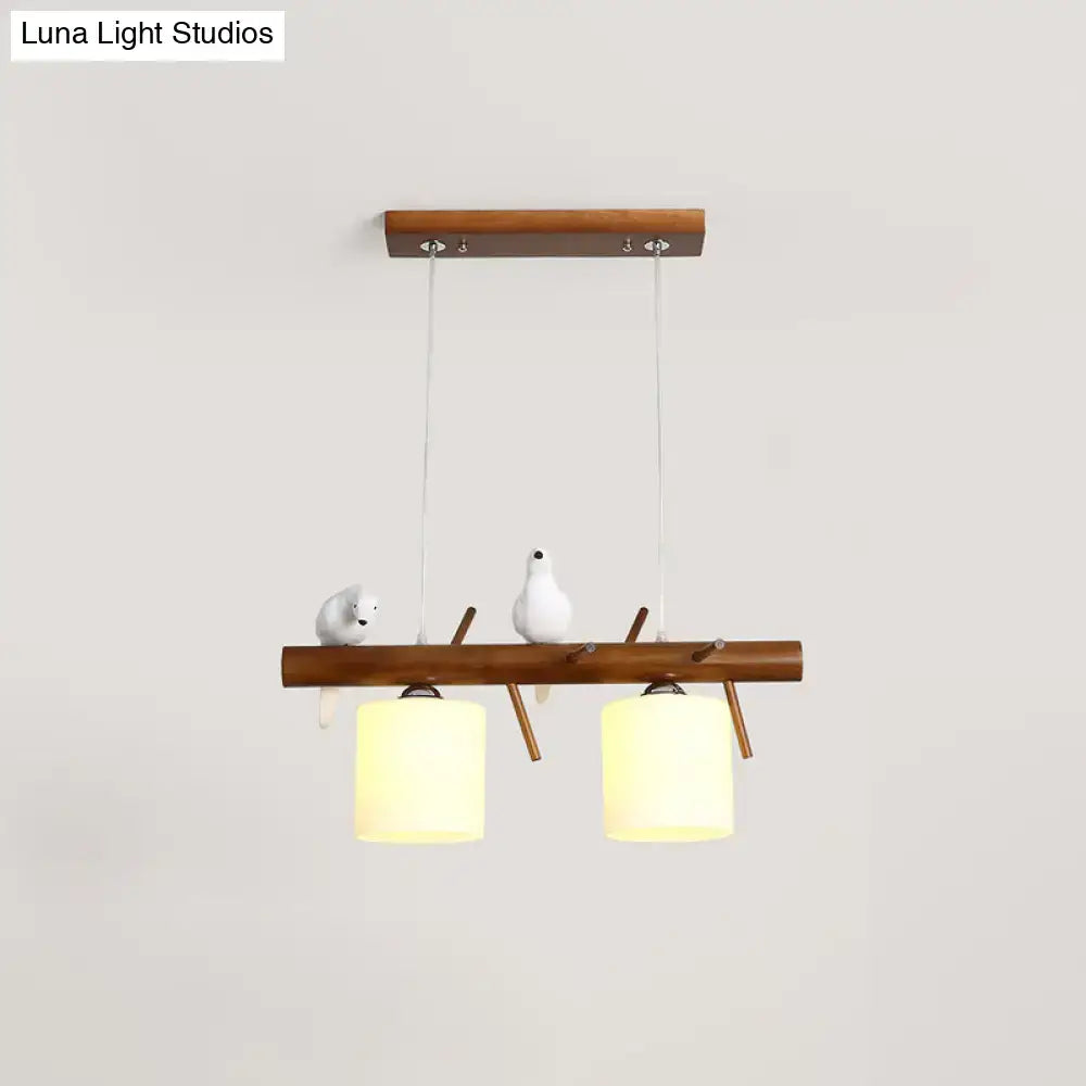 Decorbites led pendant light with wooden branch design white ceramic birds and frosted glass cylinder restaurant fixture