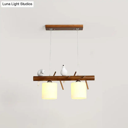 Decorbites led pendant light with wooden branch design white ceramic birds and frosted glass cylinder restaurant fixture