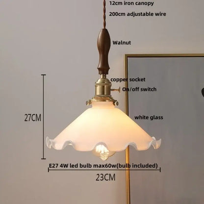 Vintage walnut and white glass led pendant light with frosted ruffled shade and brass copper socket for kitchen lighting