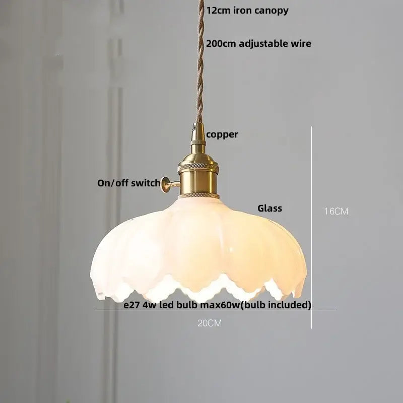Vintage walnut and white glass led pendant light with brass-finished copper fixture and scalloped glass led shade for kitchen lighting