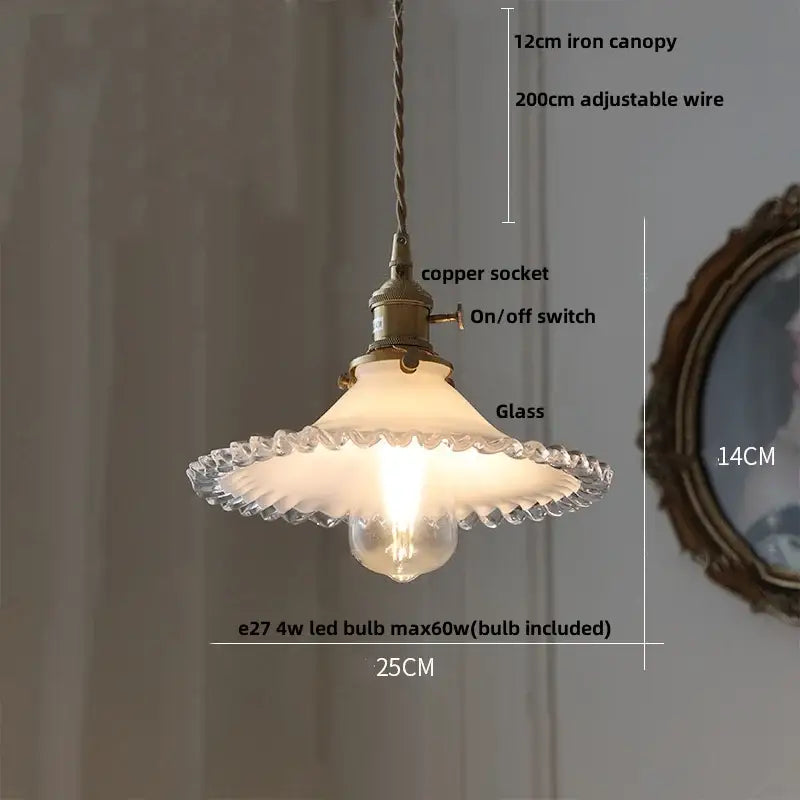 Vintage walnut and white glass led pendant light with frosted scalloped shade and exposed Edison bulb for kitchen lighting