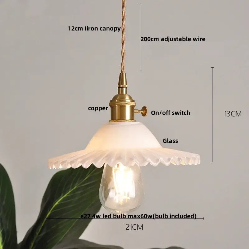 Vintage walnut and white glass led pendant light with brass-finished copper fixture and scalloped frosted glass shade