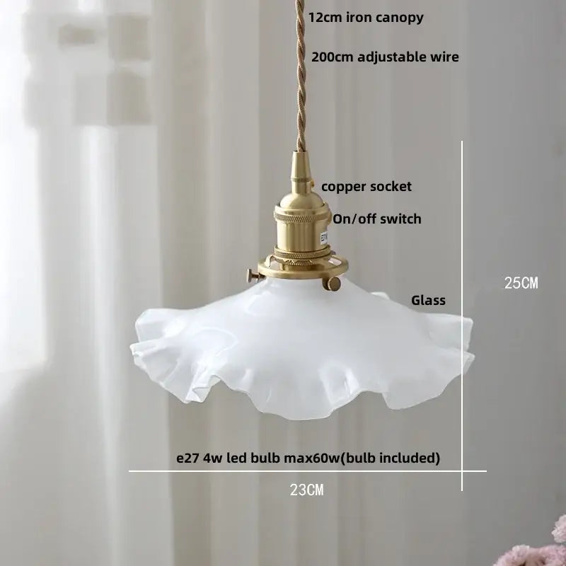 Vintage walnut and white glass led pendant light featuring a delicate white glass led pendant with ruffled shade and brass socket