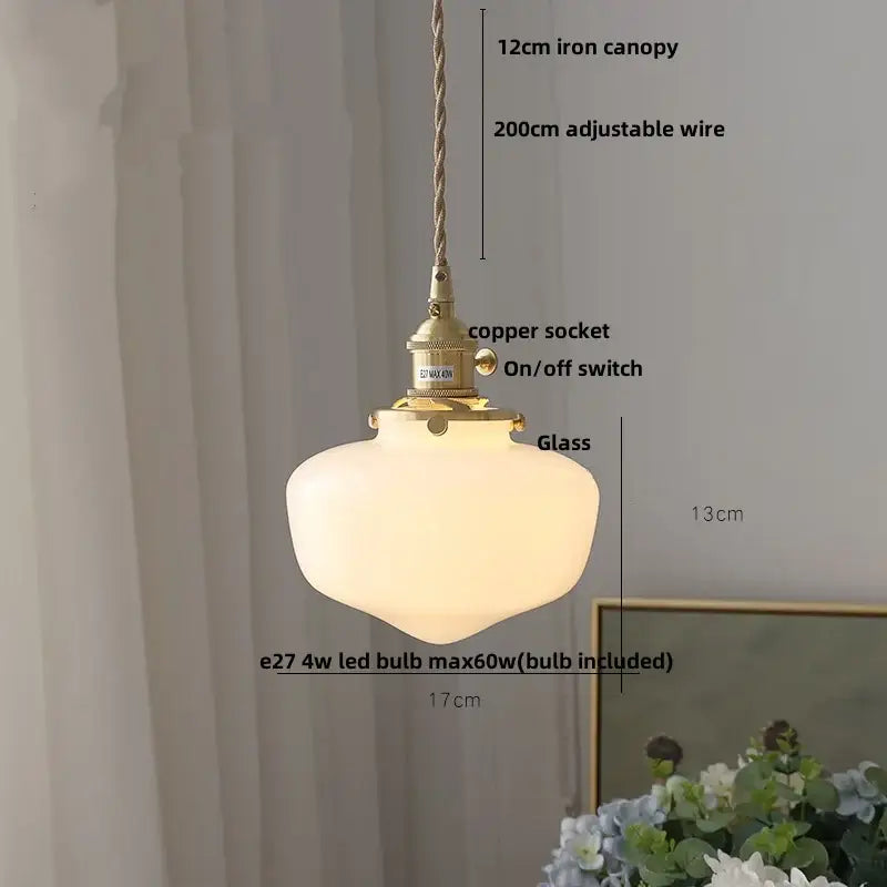 Vintage walnut and white glass led pendant light with warm frosted glass, brass copper socket, and adjustable iron canopy