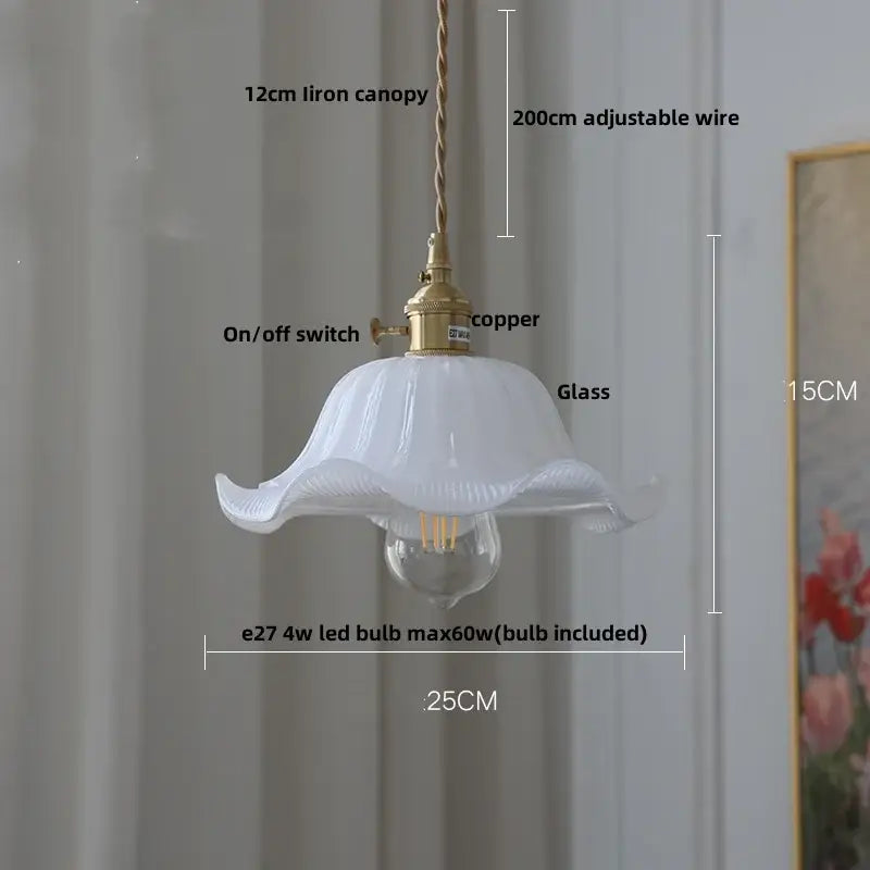 Vintage walnut and white glass led pendant light featuring a white fluted glass led pendant shade with brass copper hardware