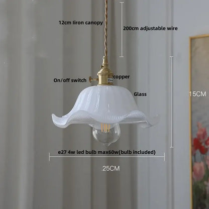 Vintage walnut and white glass led pendant light featuring a white fluted glass led pendant shade with brass copper hardware