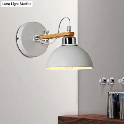 White and wood dome wall light with matte white shade, chrome metal frame, and direct wired electric for bedrooms