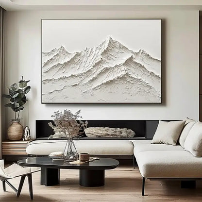 DecorBites™ white mountain 3D canvas wall art features a minimalist black frame and textured hand painted oil paintings