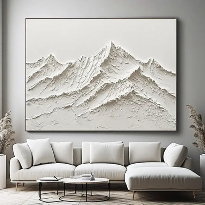 DecorBites white mountain 3D canvas wall art features a hand painted minimalist white textured oil painting with black frame