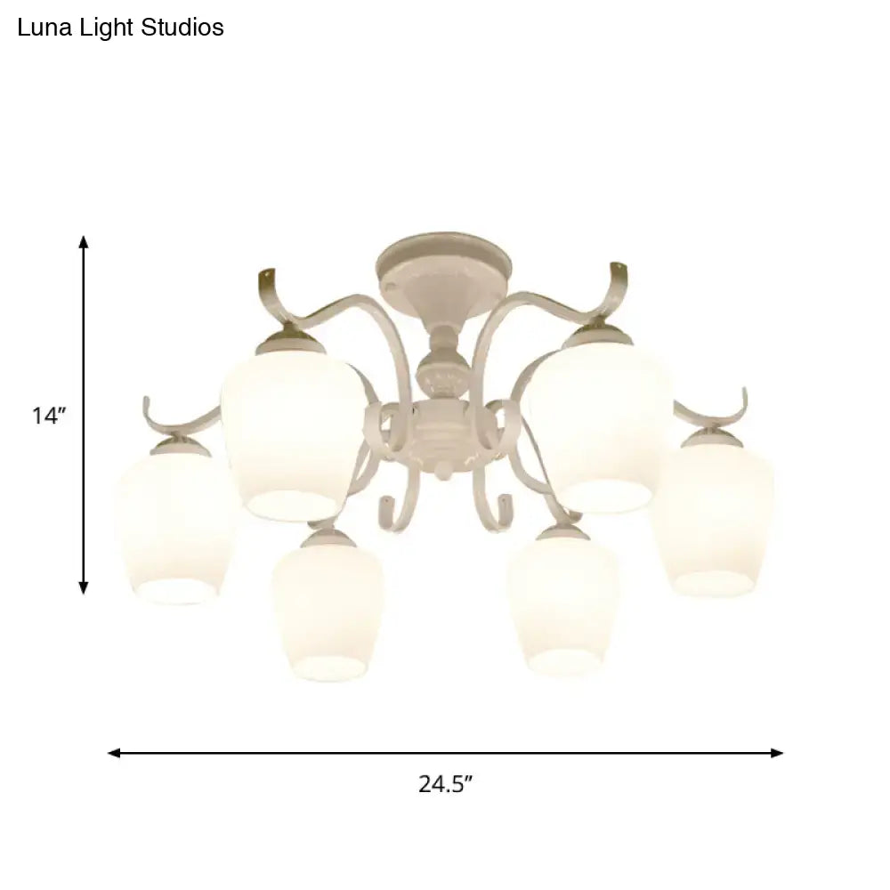 Off-white decorbites™ chandelier with five frosted opaline glass cone shades and ornate metal arms for ceiling lighting