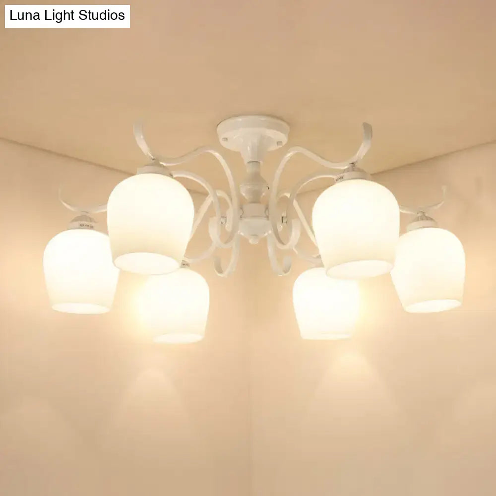 Decorbites white opaline glass cone chandelier with five frosted shades and ornate metal arms in countryside style
