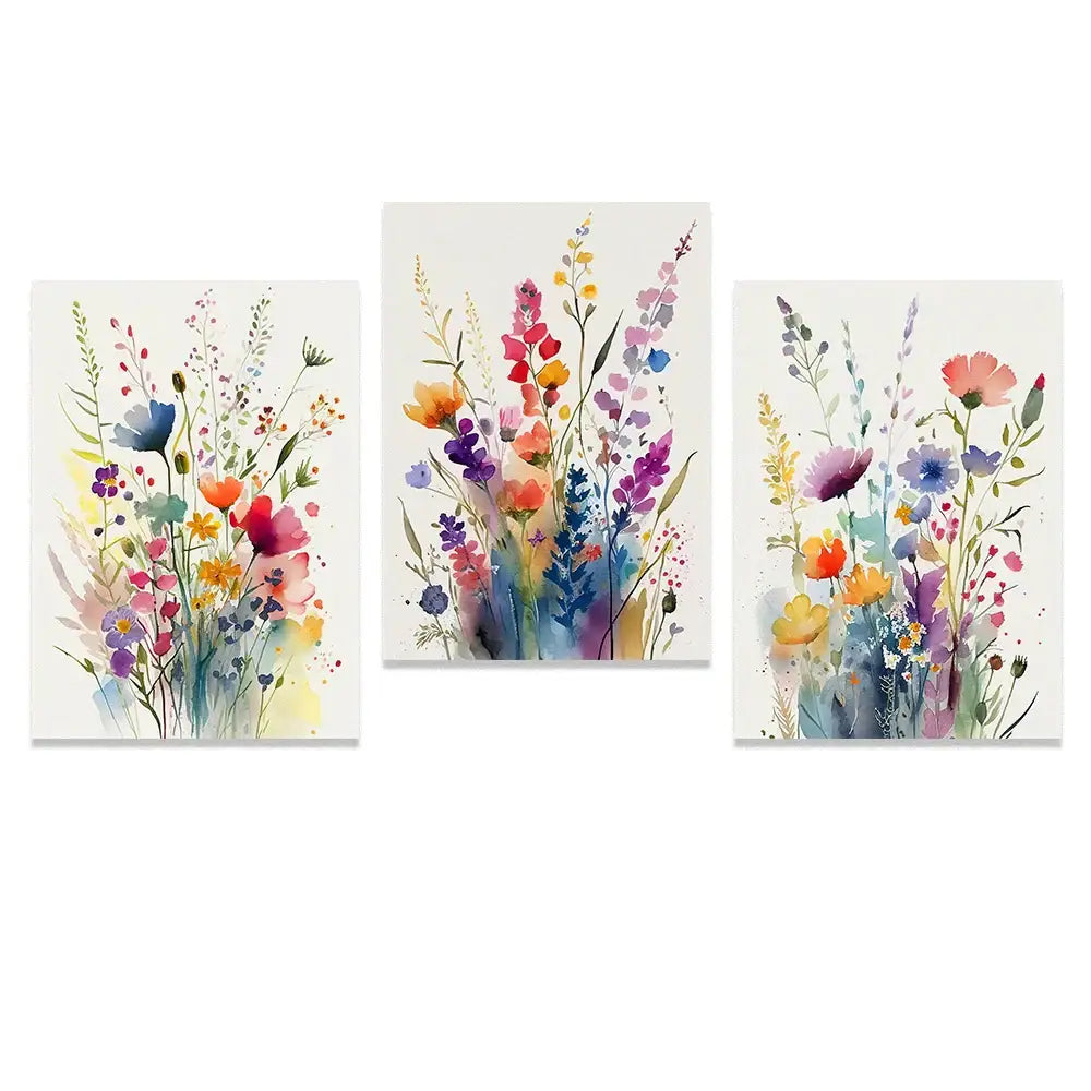 Three vibrant decorbites™ wildflowers watercolour posters featuring colorful floral art on white canvas wall paper