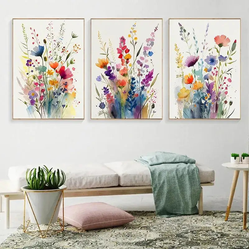 DecorBites wildflowers watercolour posters set featuring three vibrant canvas wall art prints with gold frames
