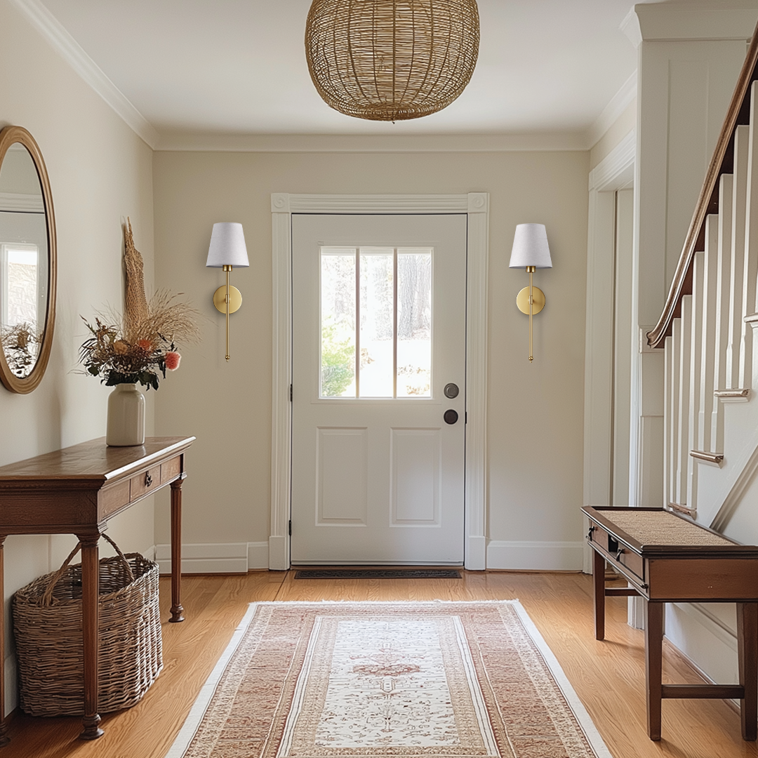 Hallway with neutral tones featuring decorbites wireless wall sconces set of 2 providing elegant wireless wall lighting