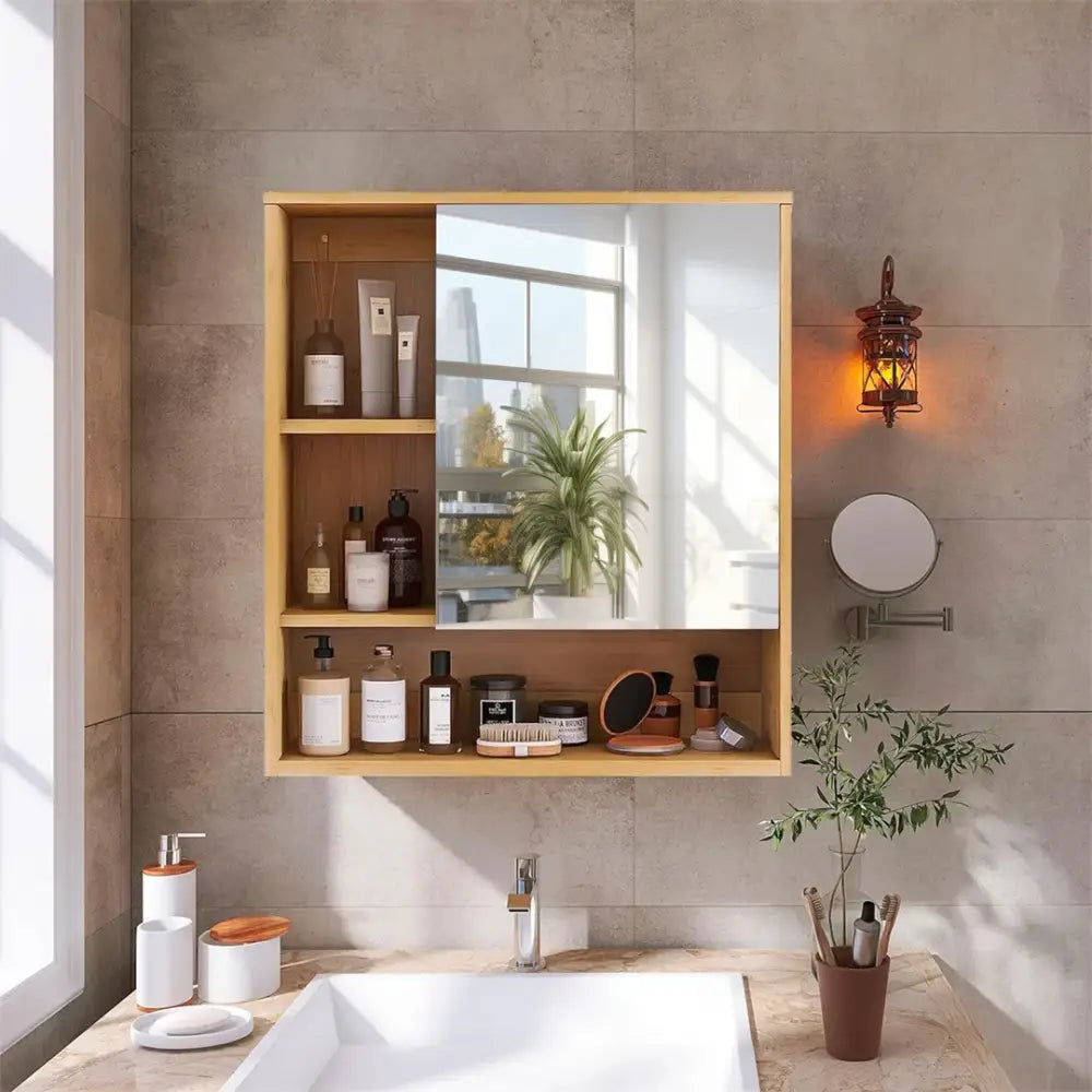 Decorbites™ wood medicine cabinet with mirror and light wood frame featuring open shelving and storage options