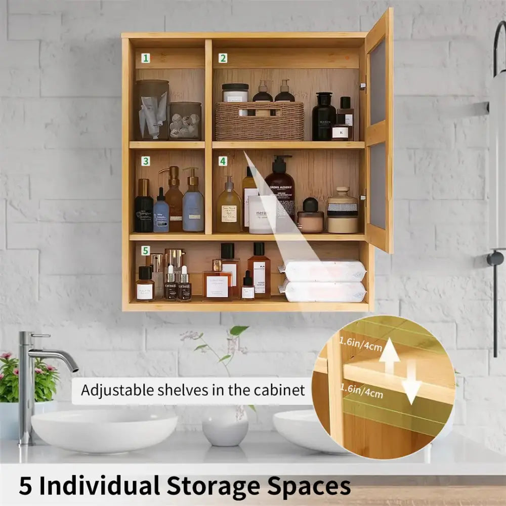 Decorbites wood medicine cabinet with mirror features light wood adjustable shelves and five individual storage spaces