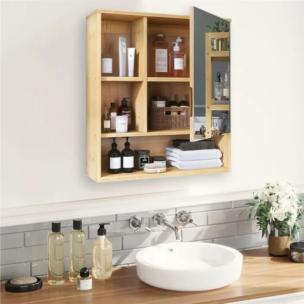 Decorbites wood medicine cabinet with mirror in light wood featuring multiple shelves for toiletries storage
