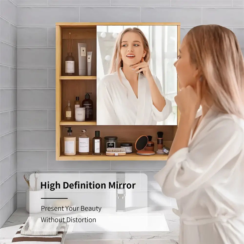 DecorBites™ wood medicine cabinet with light wood frame, three shelves, and high-definition mirror display for storage