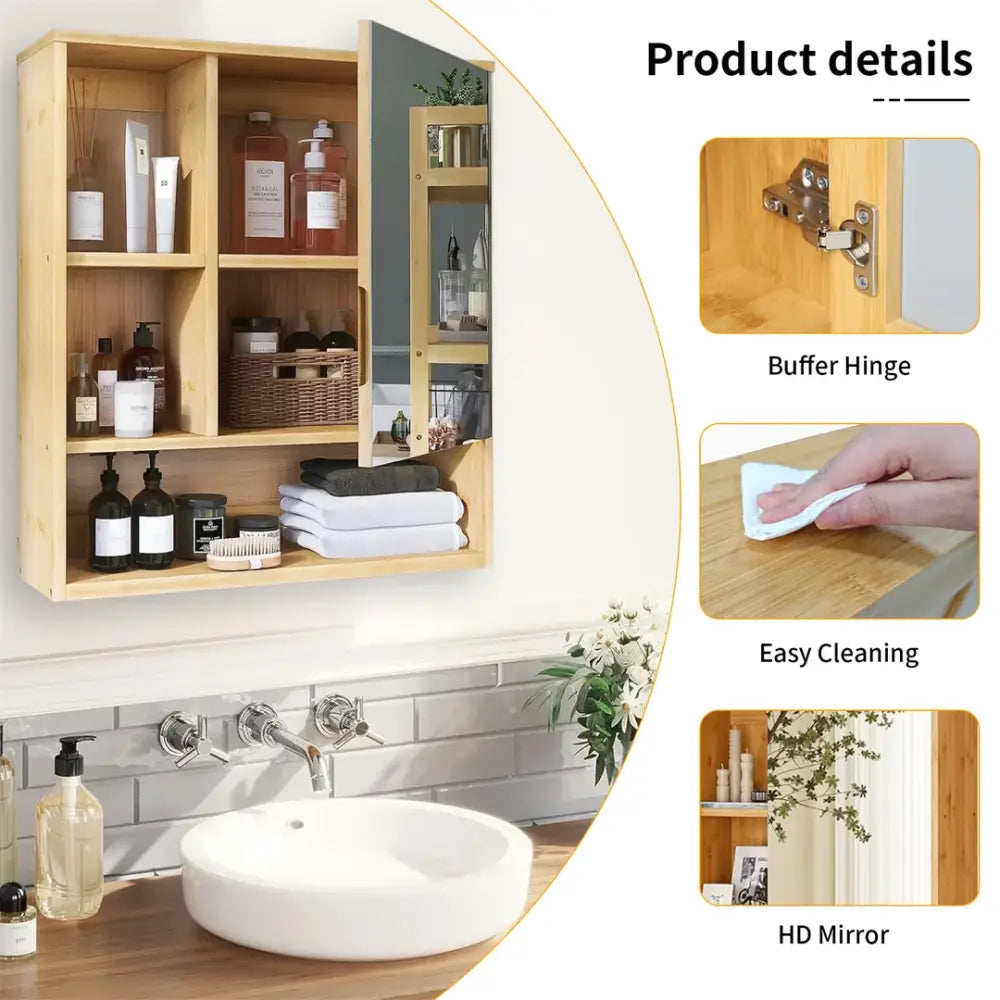 Decorbites™ wood medicine cabinet with mirror door and multiple shelves in light wood finish for bathroom storage