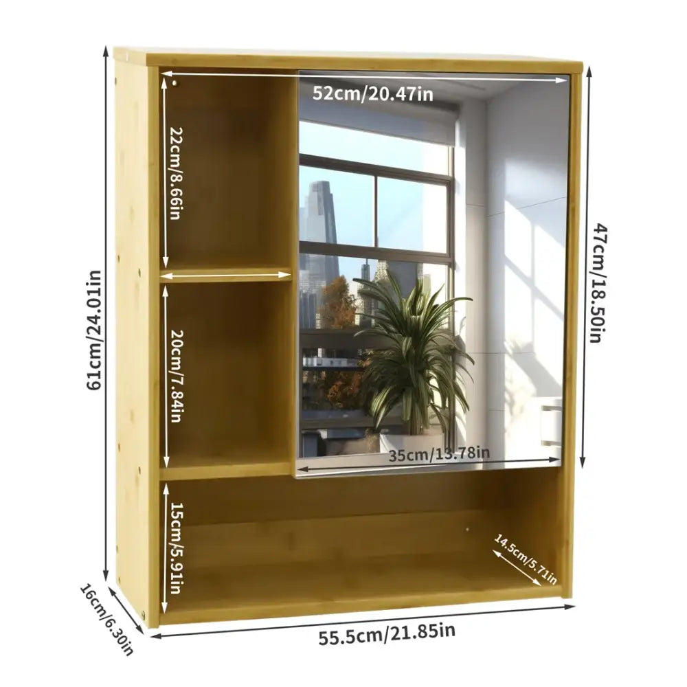 Decorbites wood medicine cabinet with mirror features light wood finish central mirrored panel and open storage shelves