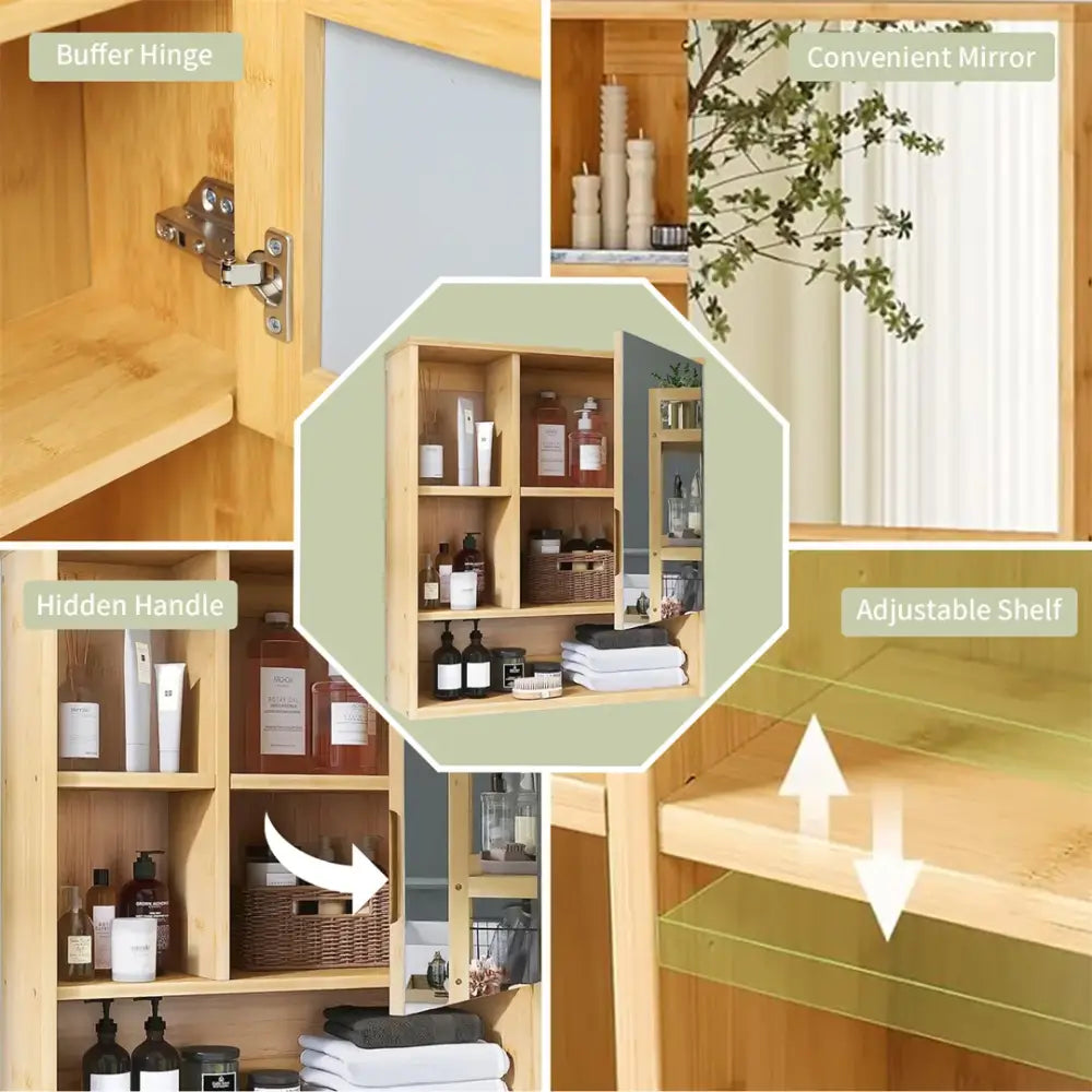 DecorBites wood medicine cabinet with mirror light wood bamboo adjustable shelves and hidden handle storage bathroom cabinet