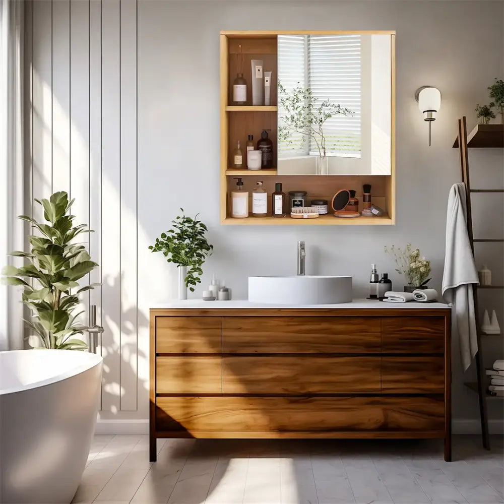 Modern wooden bathroom vanity with white ceramic sink and integrated drawers paired with decorbites wood medicine cabinet