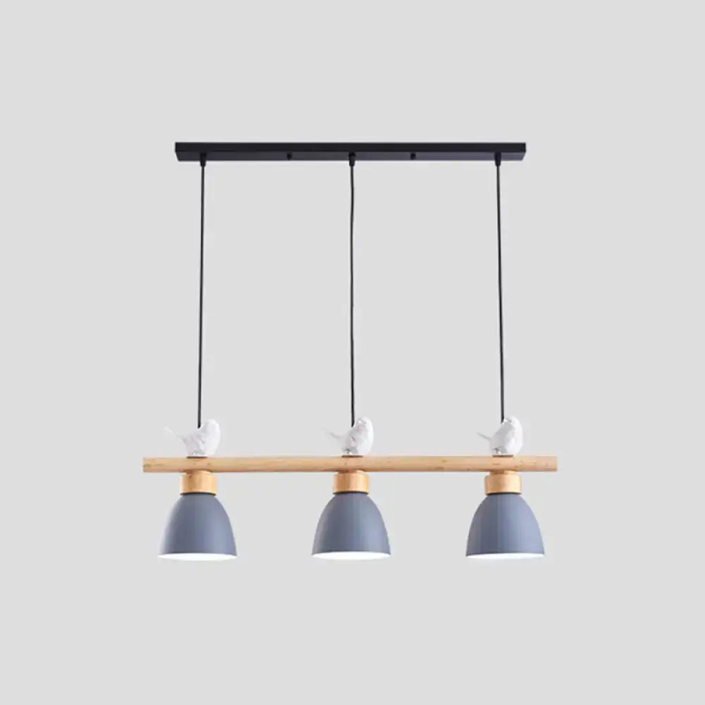 Modern three-light macaron bowl pendant light with matte dark blue-gray shades, natural wood crossbar, and e26 e27 sockets