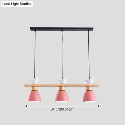 Pink ceramic macaron bowl pendant light with white bird figurines on wood bar e26 e27 for island lighting