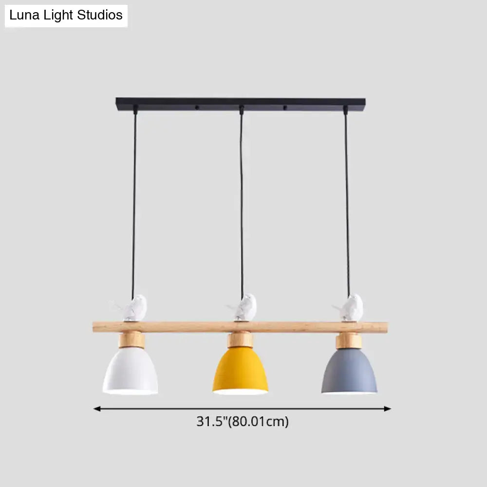 DecorBites wood and metal macaron bowl pendant light with 3 colorful ceramic shades and dark blue-gray wooden crossbar compatible with e26 e27 sockets