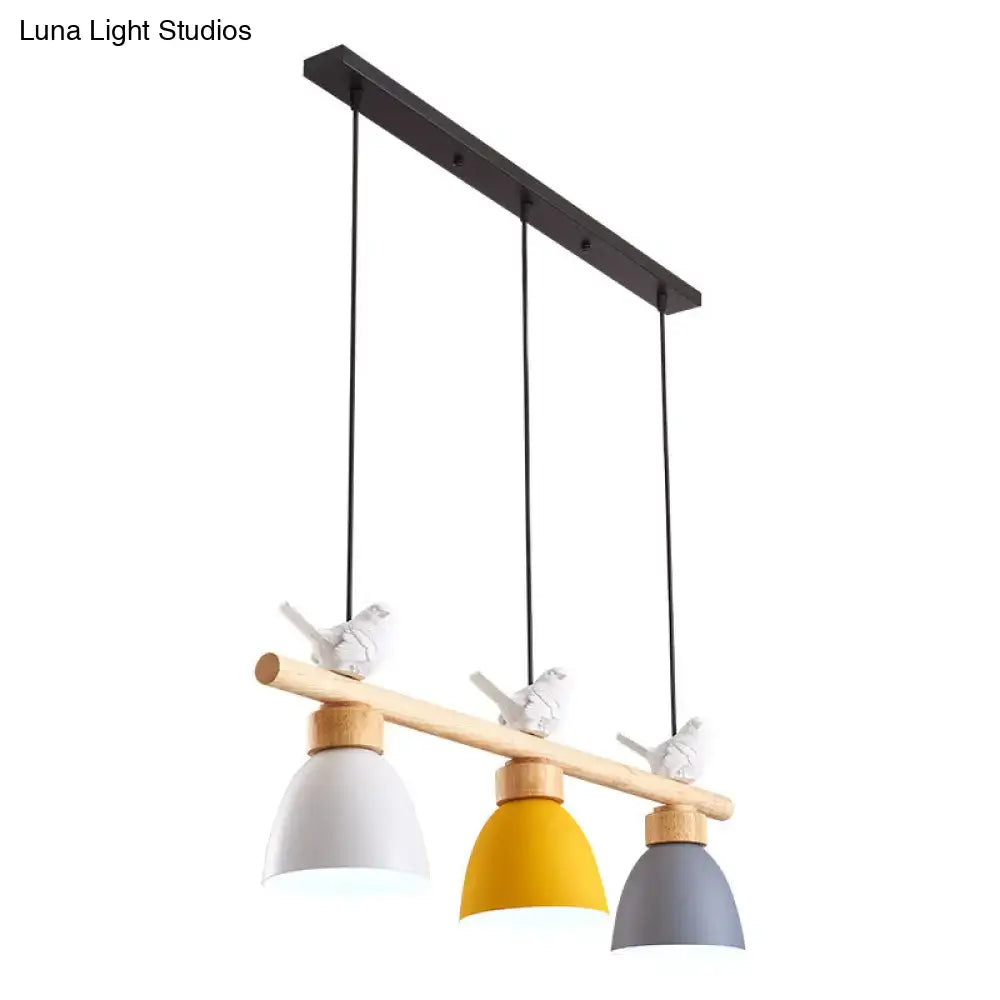 Modern decorbites macaron bowl pendant light with three cones in white yellow and dark blue gray on wood beam with e26 e27 sockets