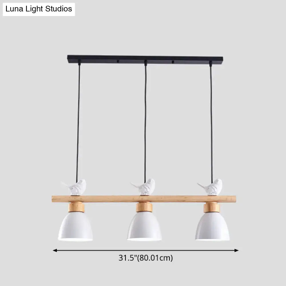White ceramic macaron bowl pendant light with three lamps and bird figurines on natural wood bar for e26 e27 socket