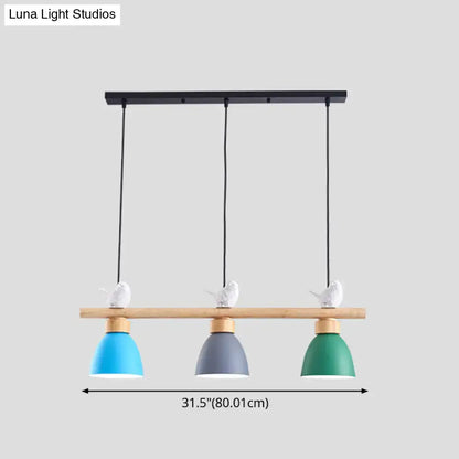 Modern decorbites macaron bowl pendant light with three colorful ceramic shades and dark blue-gray wooden beam for e26 e27 sockets