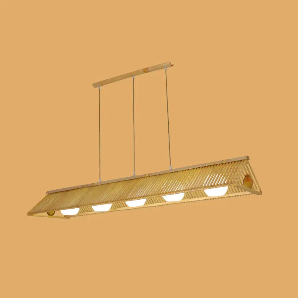DecorBites™ wooden asian triangle island pendant light with woven bamboo design and four warm led bulbs, natural wood finish