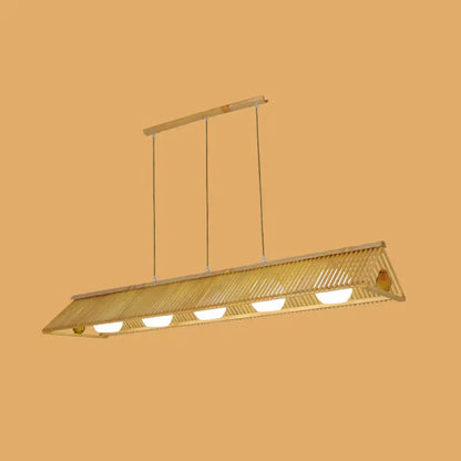 DecorBites™ wooden asian triangle island pendant light with woven bamboo design and four warm led bulbs, natural wood finish
