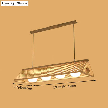 DecorBites wooden Asian triangle island pendant light with rectangular bamboo slats and three warm bulbs, natural wood finish