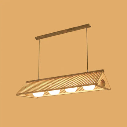 DecorBites™ wooden asian triangle island pendant light with natural bamboo slats and three warm bulbs maximum bulb wattage 60W
