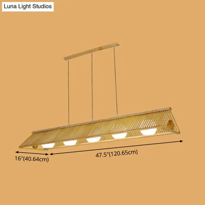 DecorBites™ wooden asian triangle island pendant light with woven bamboo design and four warm led bulbs natural finish