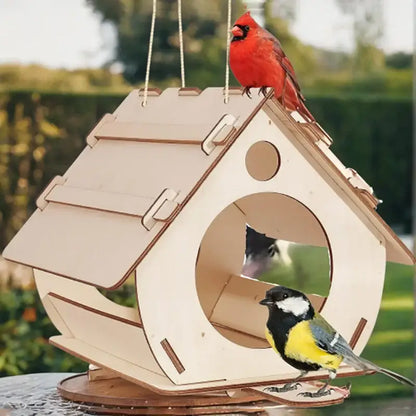 A light-colored wooden bird feeder with a roof and circular entrance hanging by ropes for outdoor use by decorbites