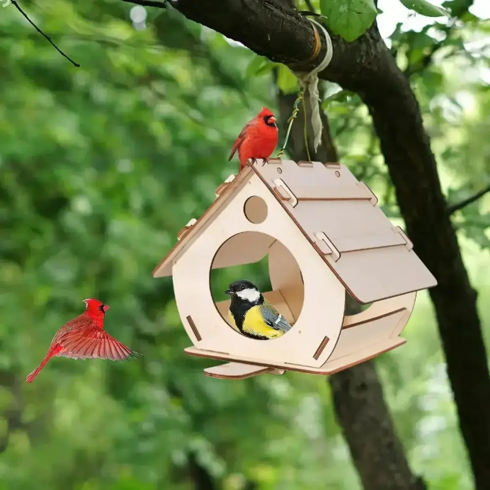A light-colored wooden bird feeder with a circular entrance and hinged roof showcasing natural wood grain for outdoor use