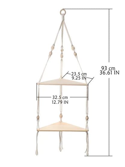 Beige macrame wooden corner shelf with wooden beads and triangular shelves boho wall decor by DecorBites