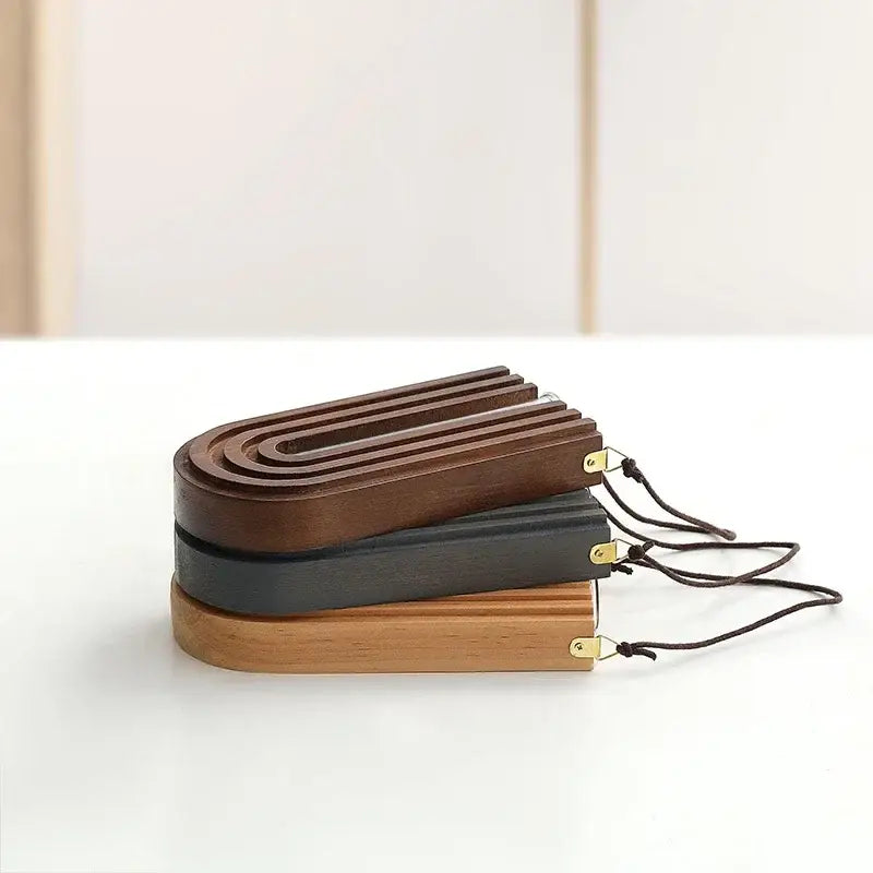 DecorBites wooden flower vase wall mount holder with stacked u-shaped wooden coasters in brown, gray, and natural tones